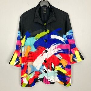 Ali Miles Abstract Brushstroke Top Women’s Size L Button Up Semi Sheer Artsy